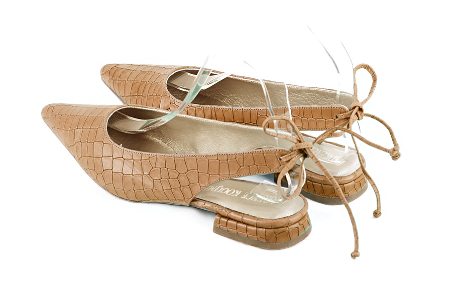 Women's camel beige elegant slingback heels. Pointed toe. Flat flare heels - Rear view